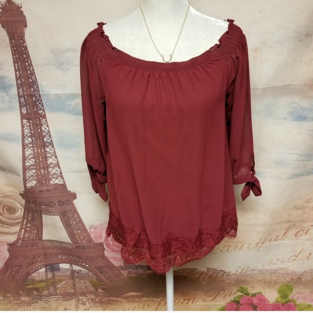Maurices Women's Burgundy Top with Lace Trim